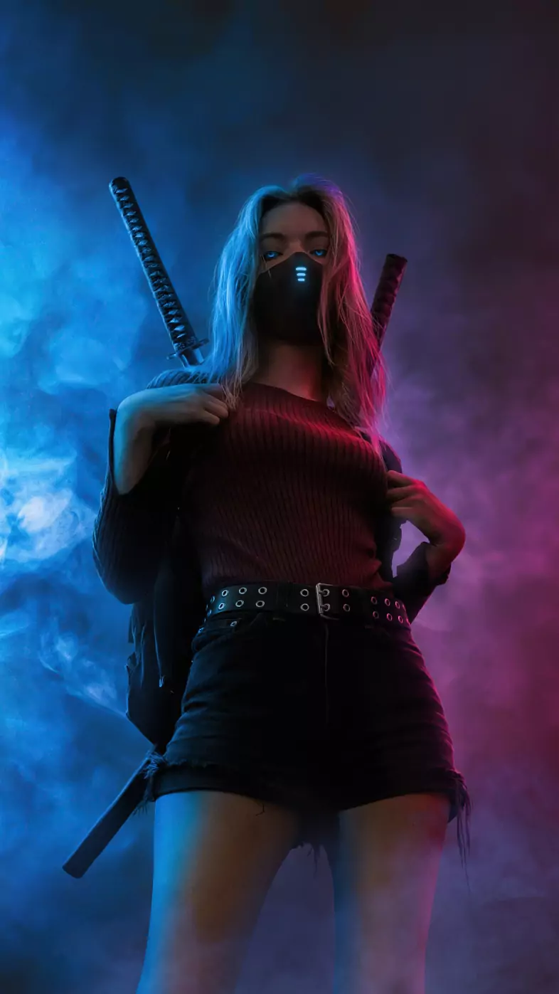 girl glowing eyes two swords wallpaper