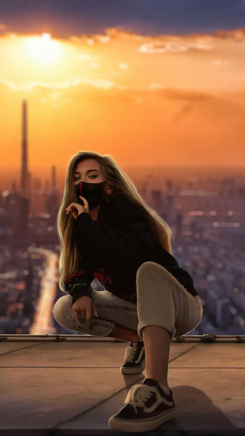 girl mask city wallpaper
