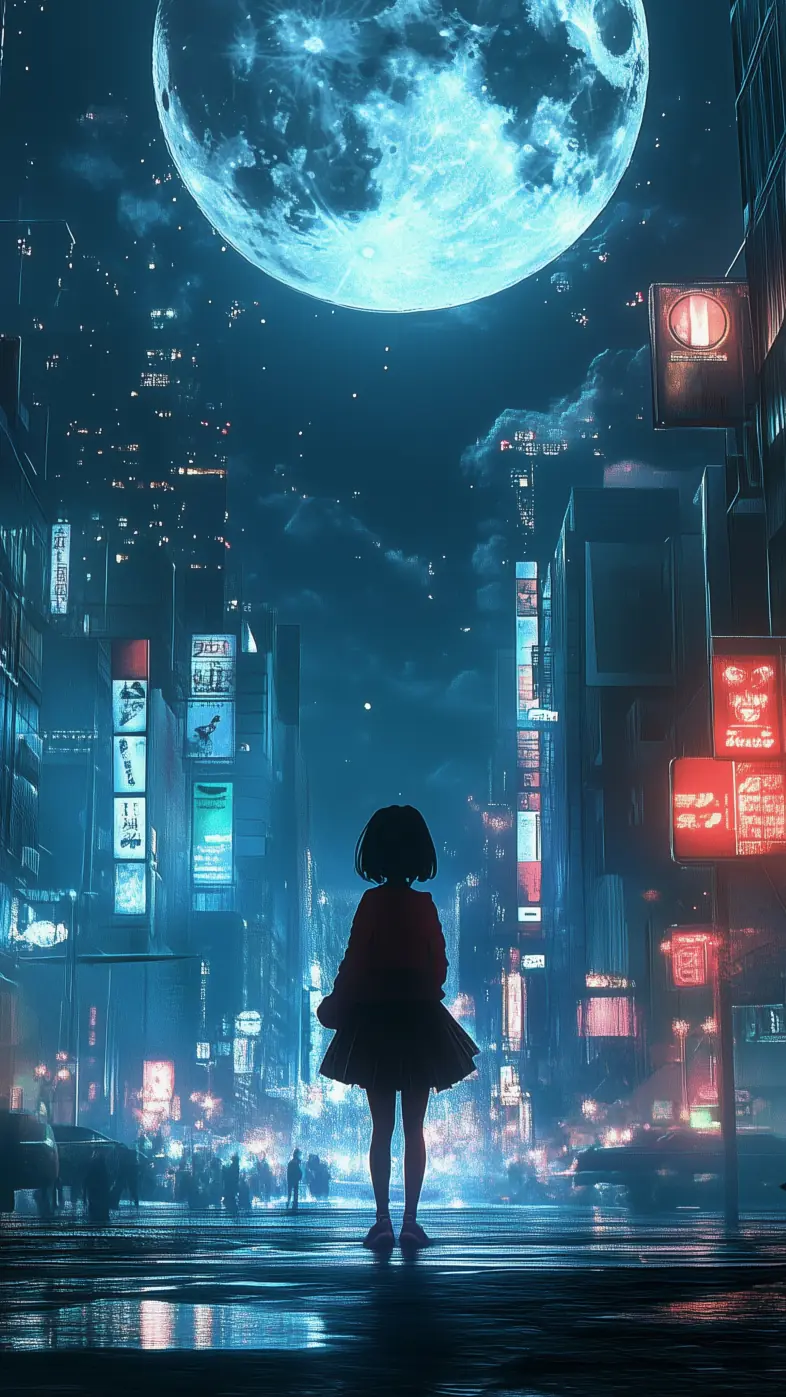 girl moon full moon night city art alone wallpaper
