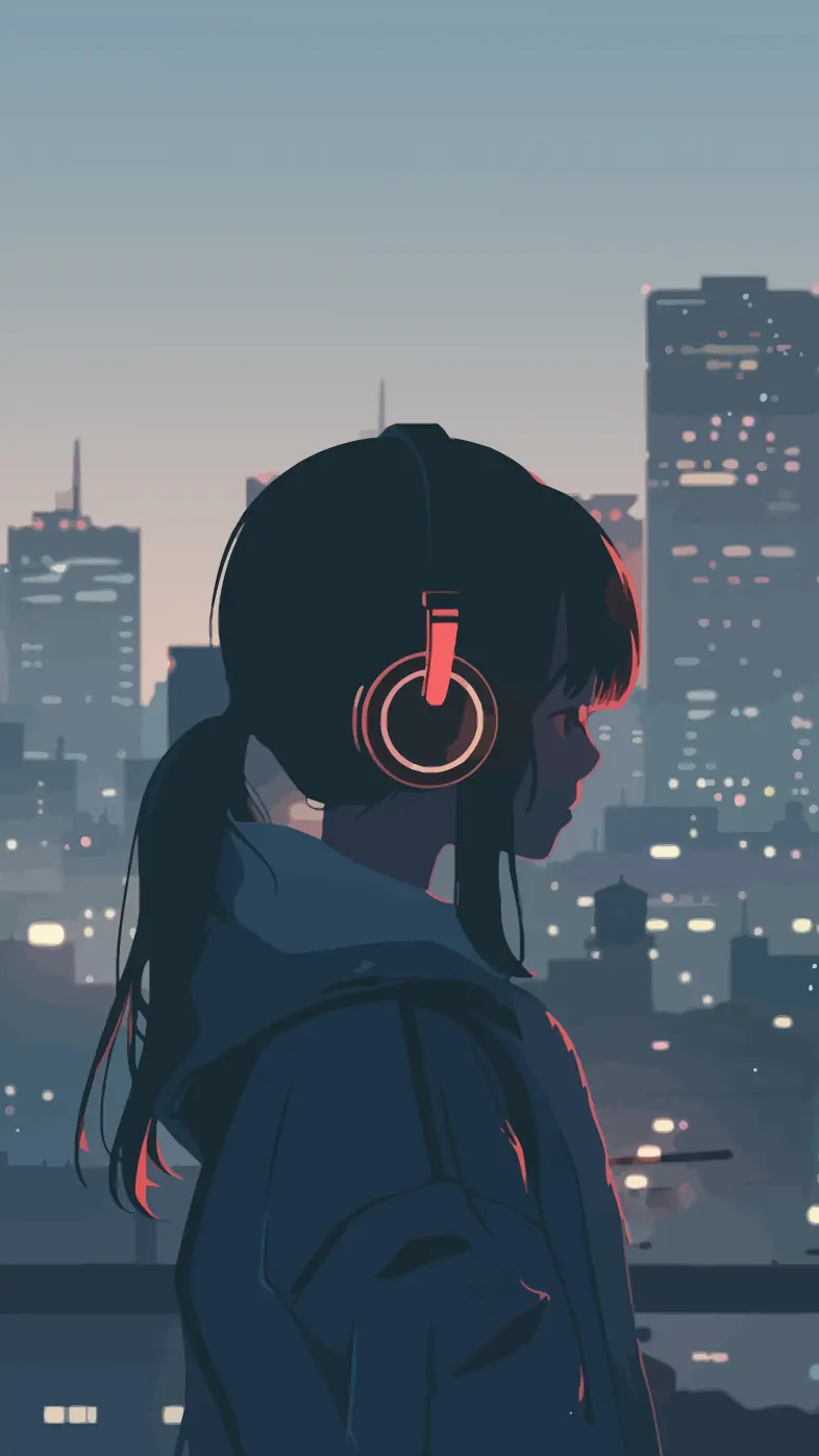 girl music headphones city art wallpaper