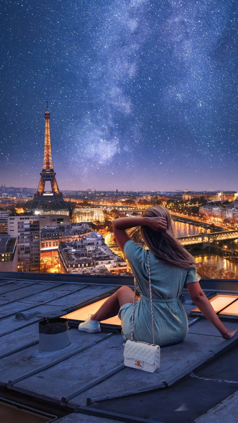 girl roof paris city wallpaper