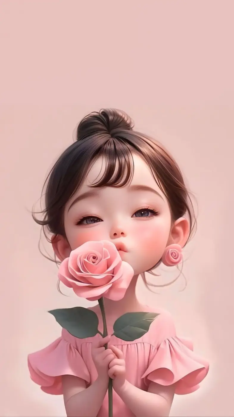 girl rose flower gaze pink cartoon  wallpaper
