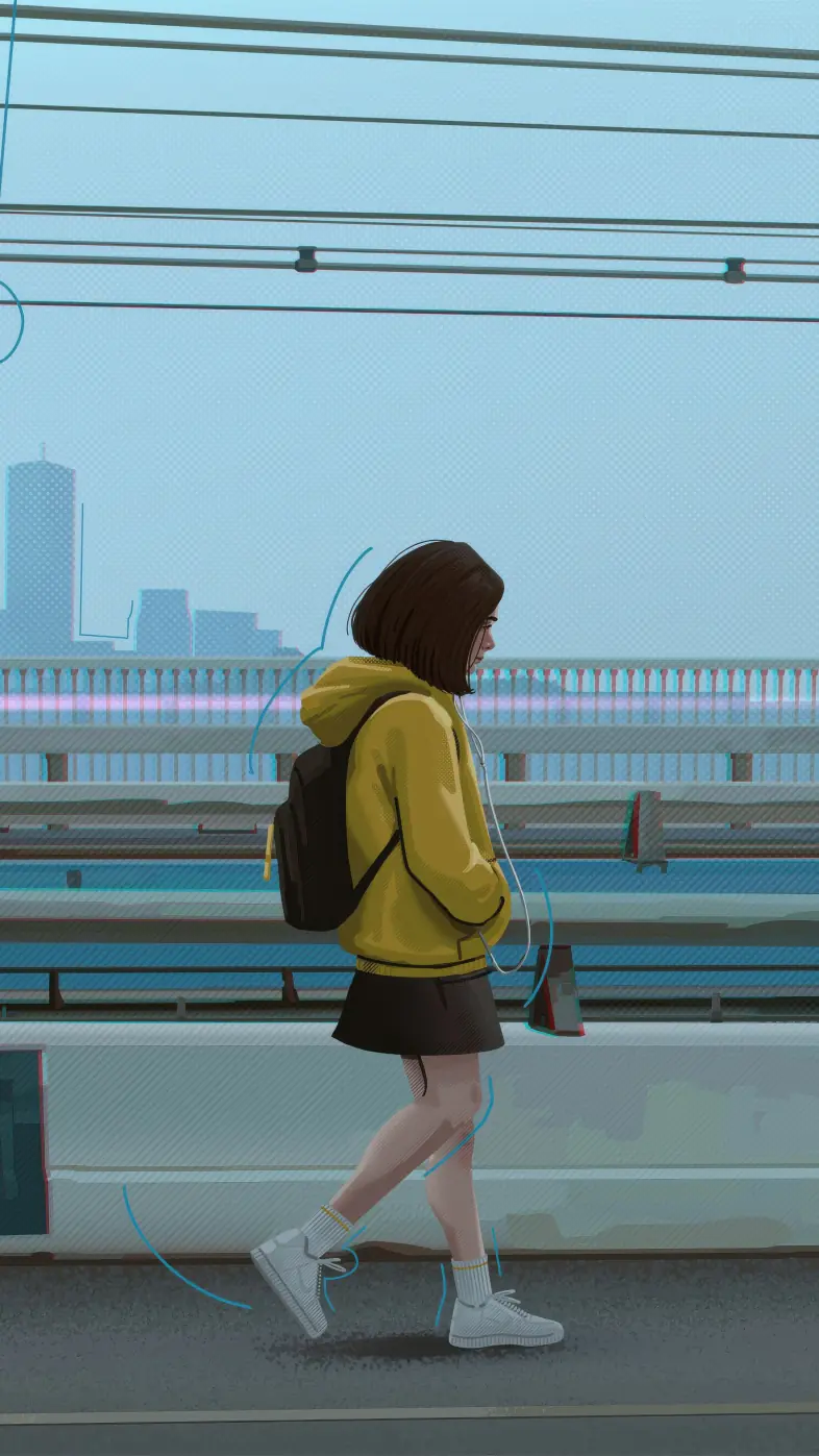 girl walking bridge wallpaper