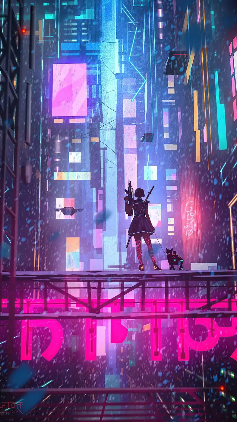 girl with dog in cyber city wallpaper