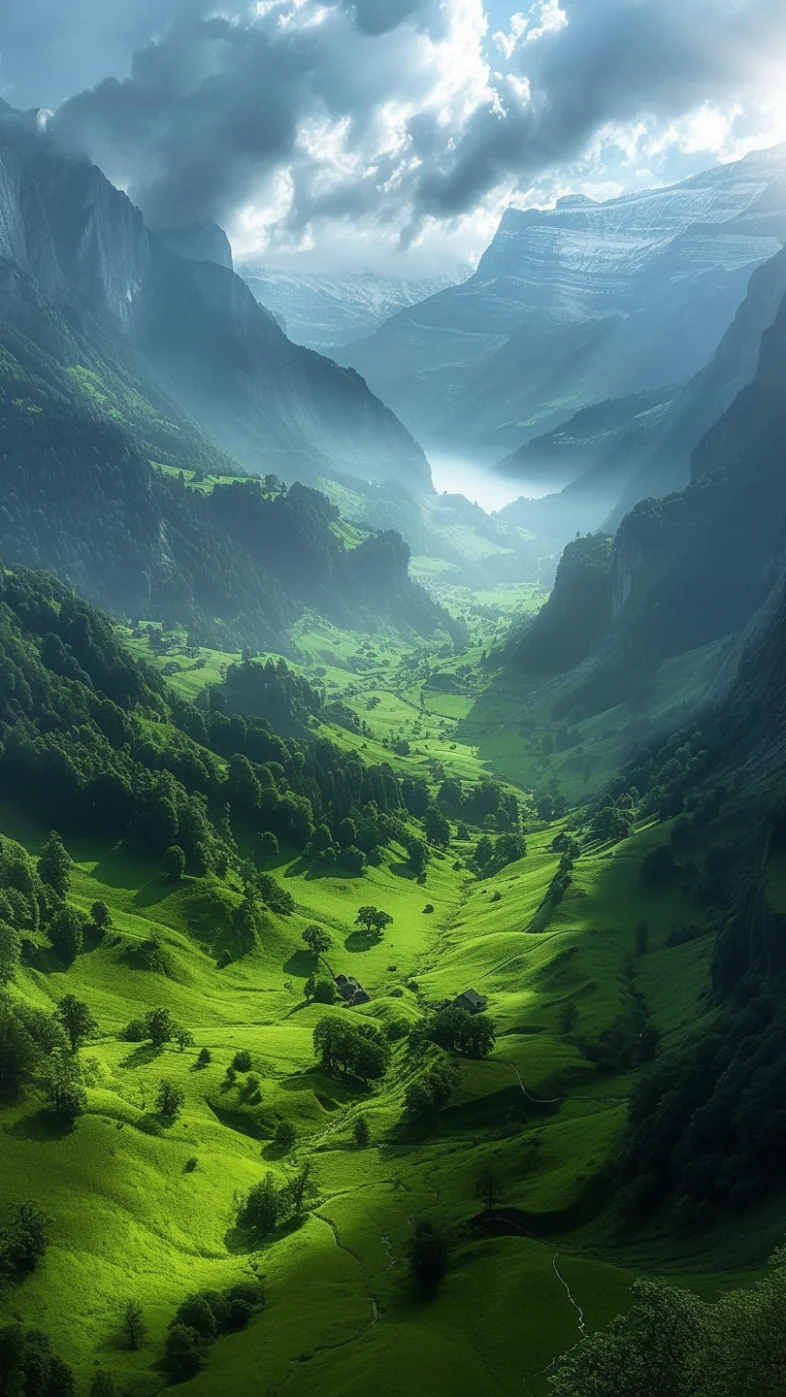 green valley and valley surrounded mountains wallpaper