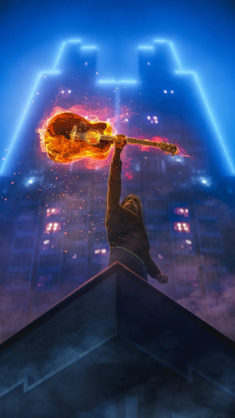 guitar fire man roof neon wallpaper