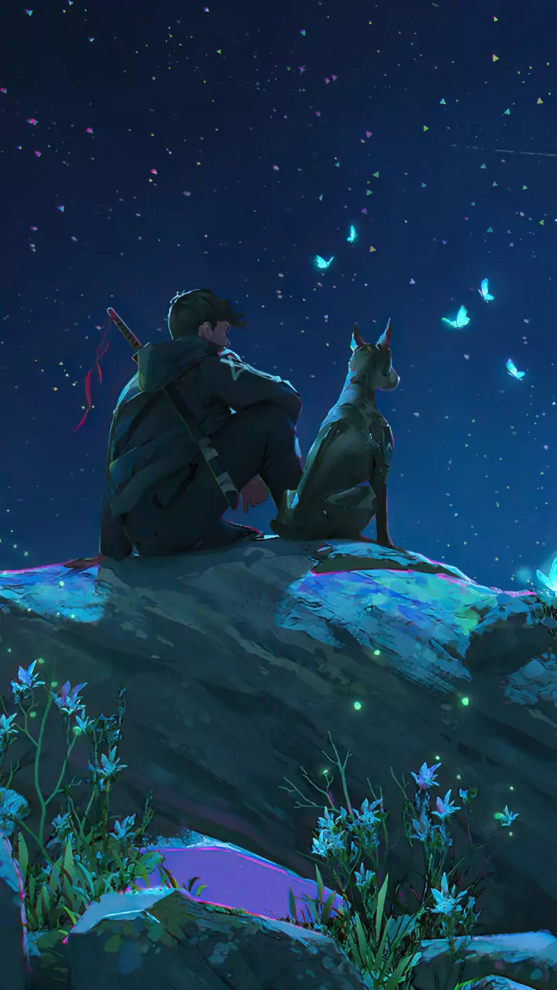guy and his dog stargazing wallpaper