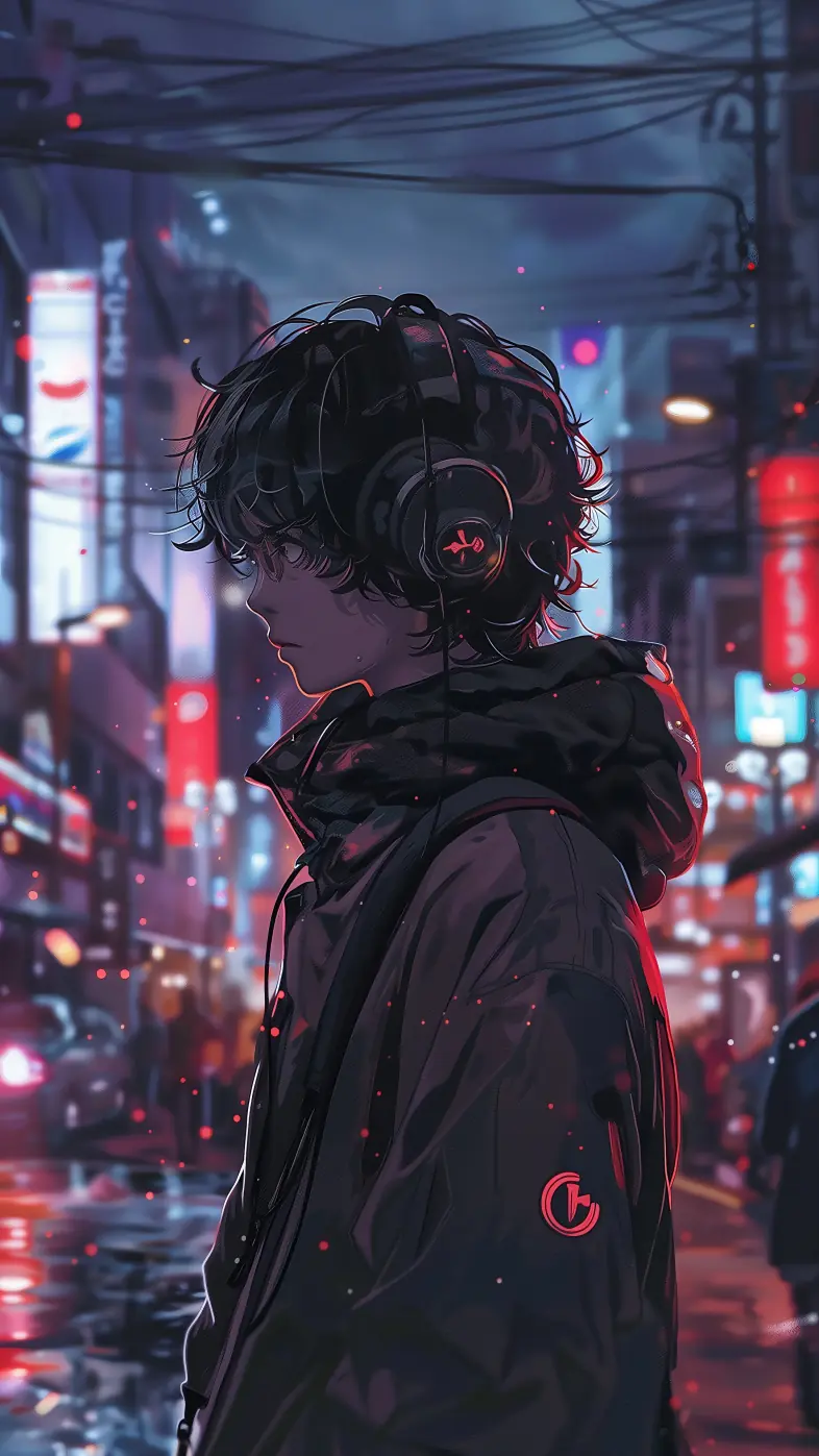 guy headphones jacket city night wallpaper