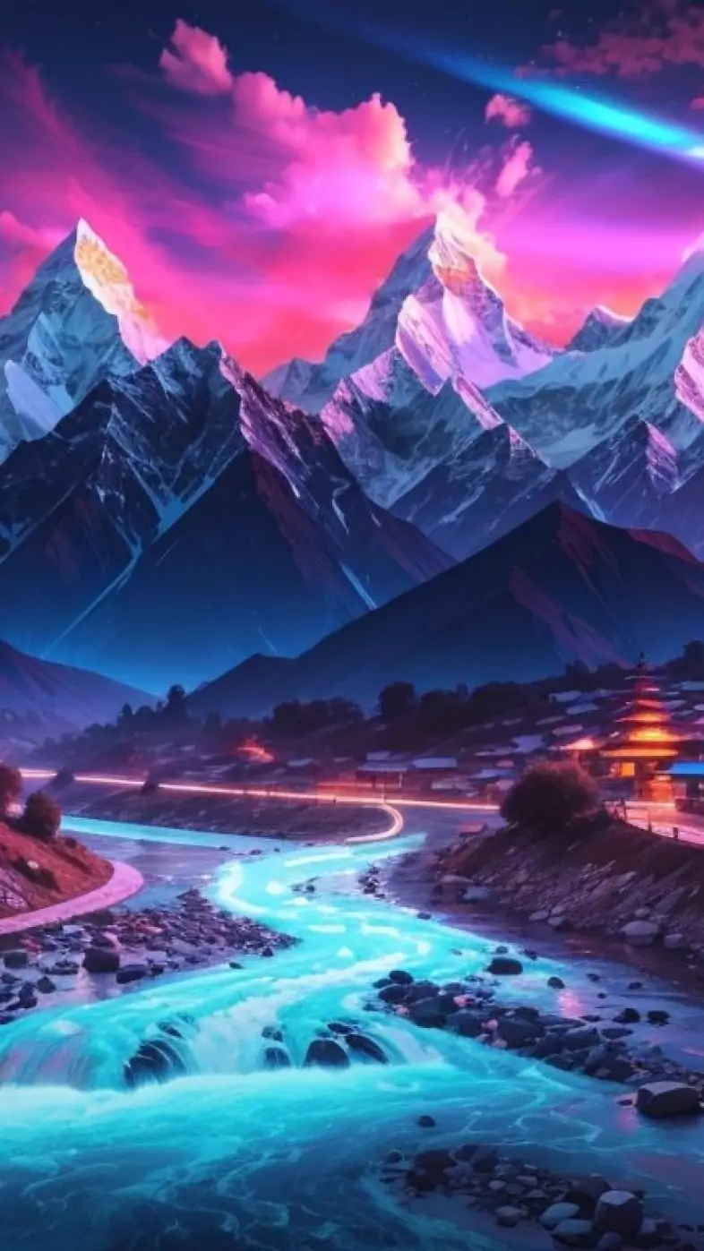 himalaya with neon and river wallpaper
