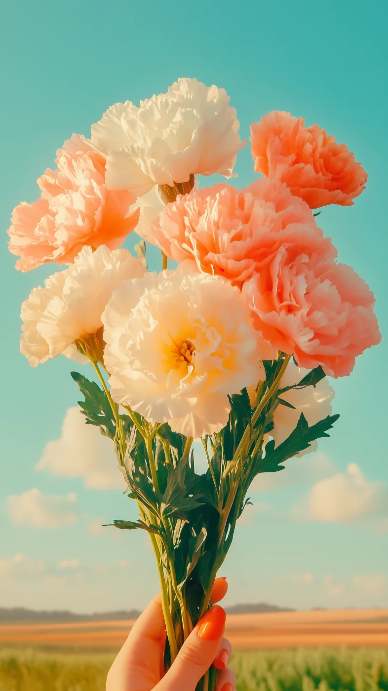 holding pink and white carnations wallpaper
