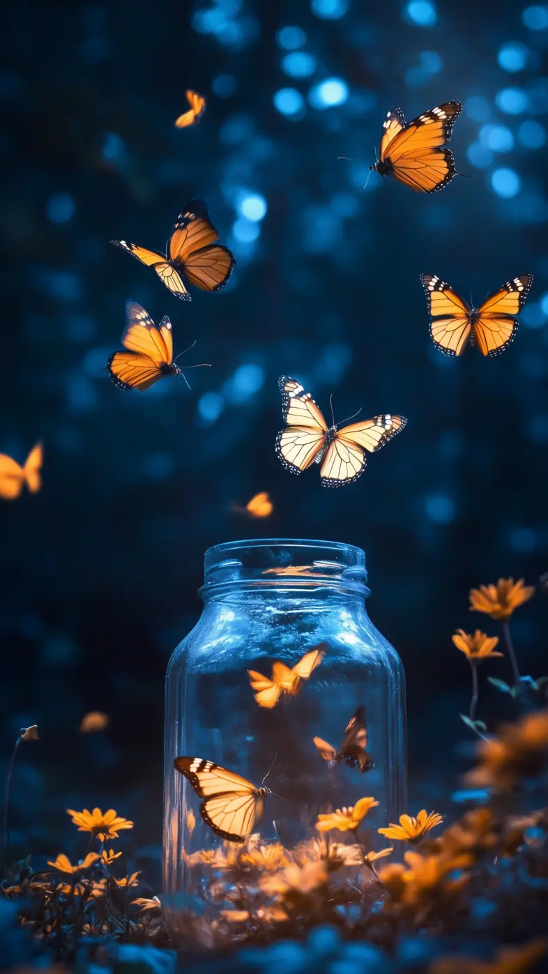jar butterflies flowers glow wallpaper