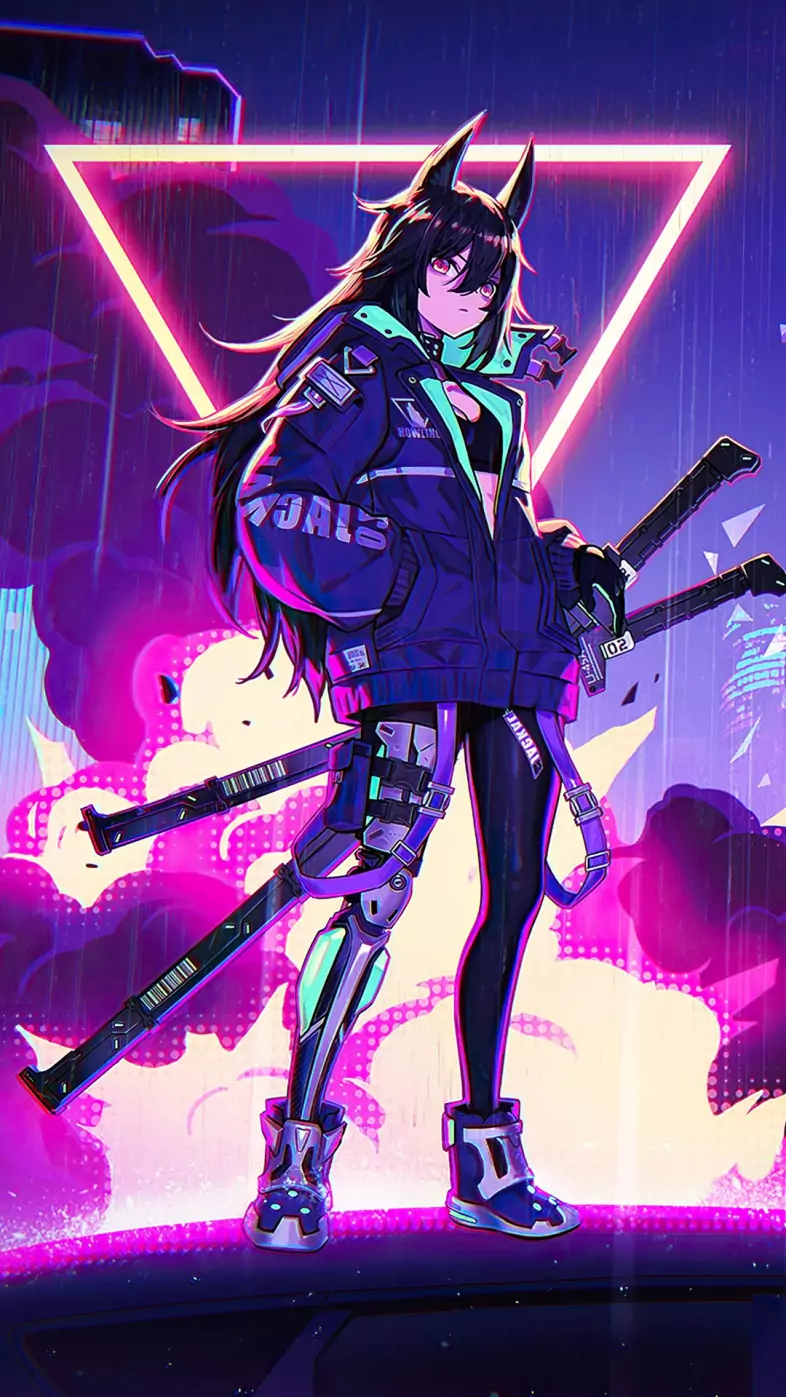 katana anime girl neon wallpaper