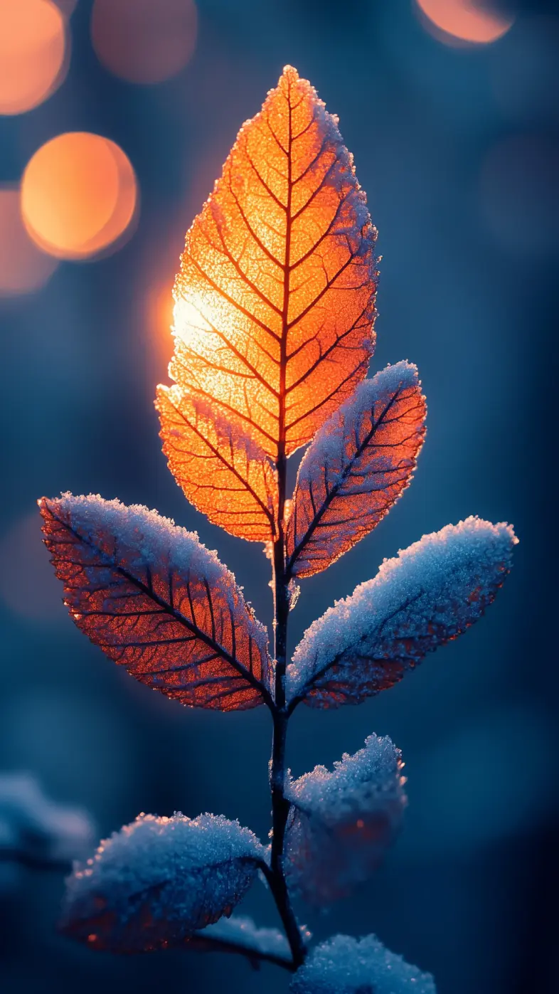 leaves branch snow winter macro wallpaper
