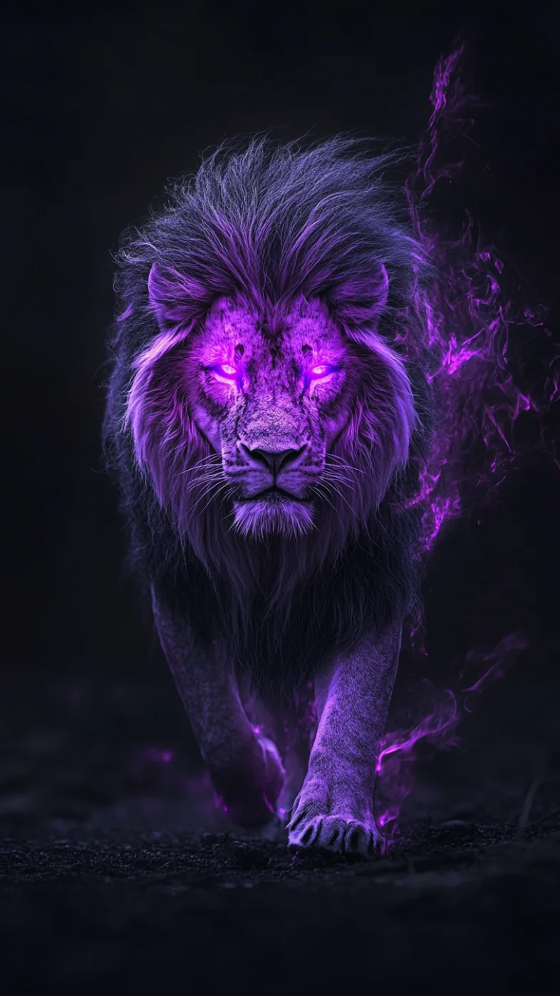 lion walking through a dark wallpaper