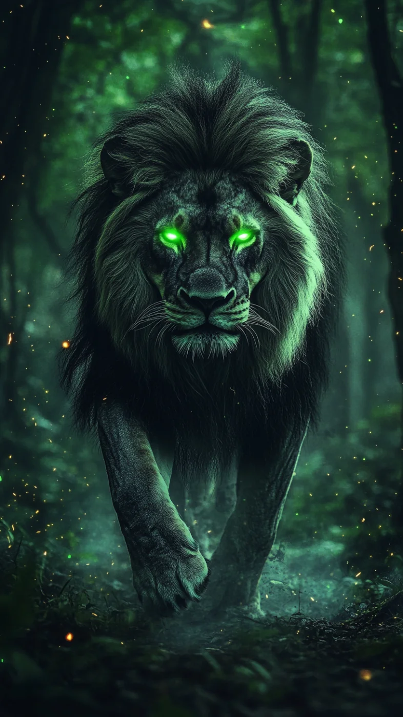 lion with glowing green eyes wallpaper