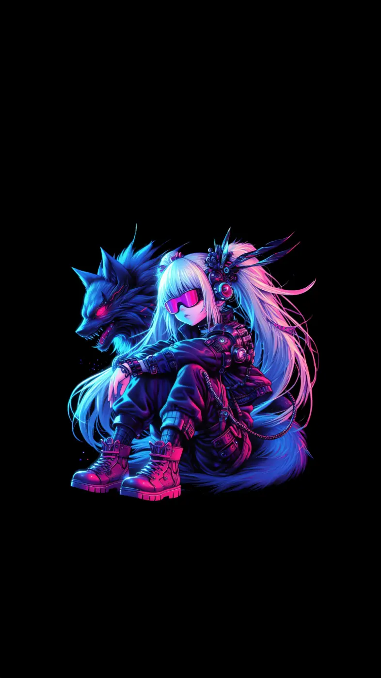 little cyber girl and wolf wallpaper