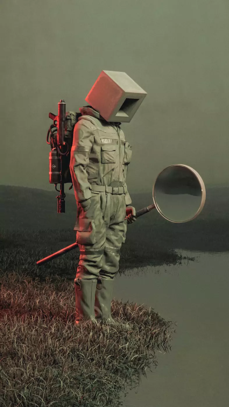 man cube backpack weapon mirror pond art wallpaper