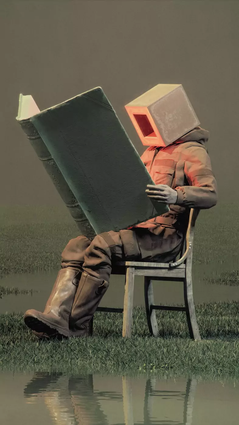 man cube book chair swamp art wallpaper