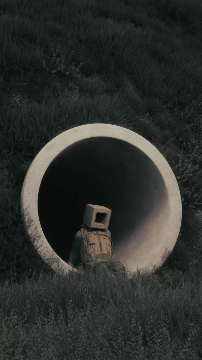 man cube pipe grass art wallpaper