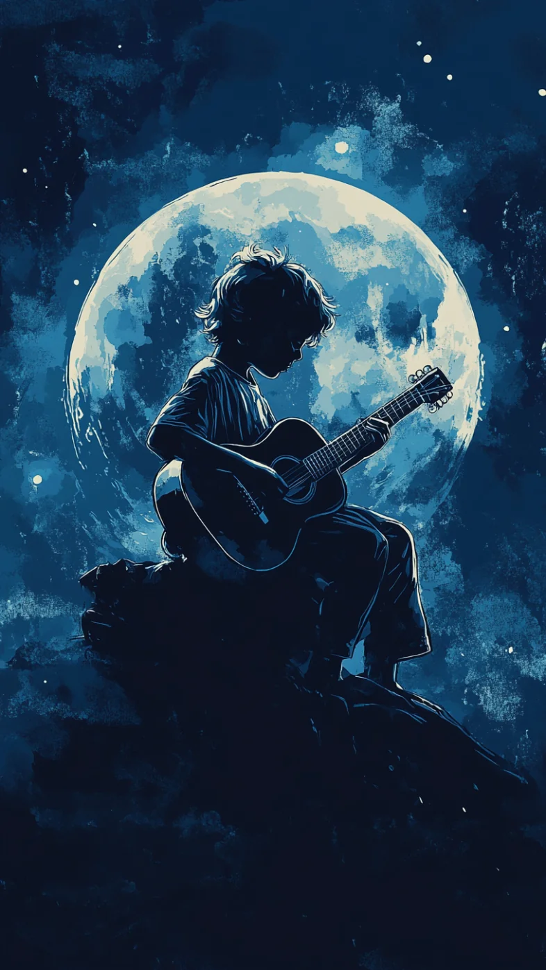 moon boy playing guitar painting wallpaper