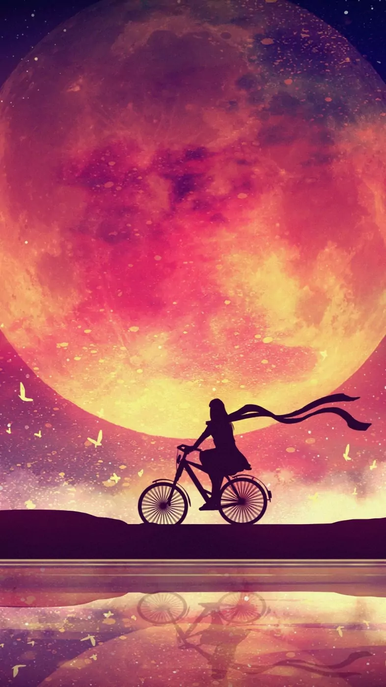 moon girl dream lake bicycle wallpaper