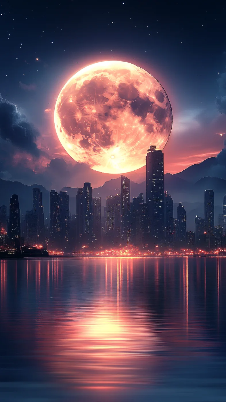 moon over the city skyline wallpaper
