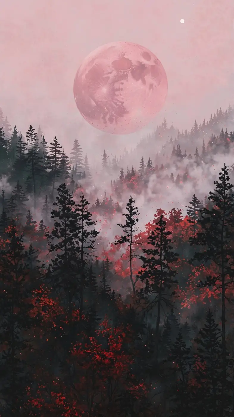 moon trees forest nature hills pink wallpaper