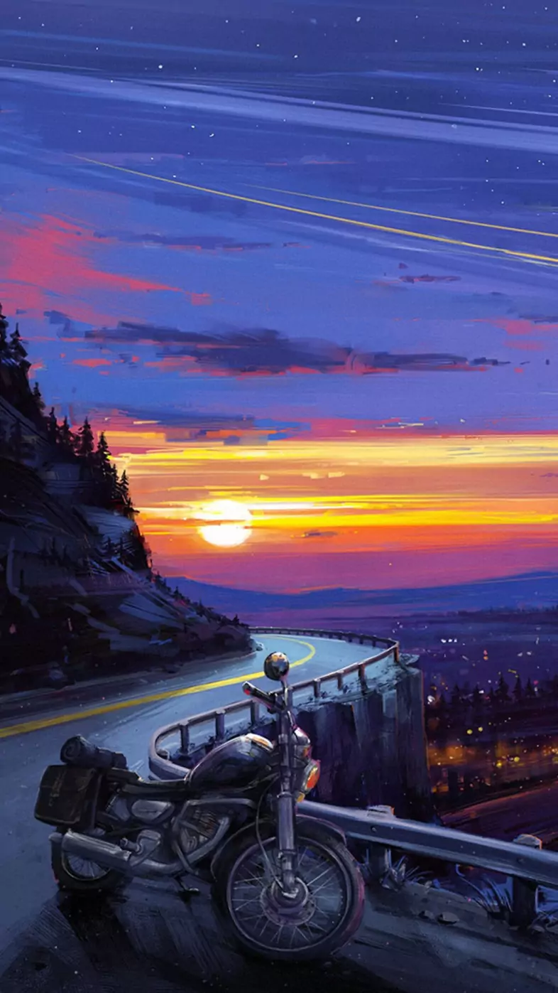 motorcyle digital art sunset wallpaper
