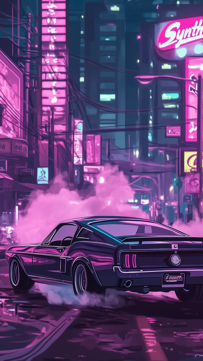 neon city with car wallpaper