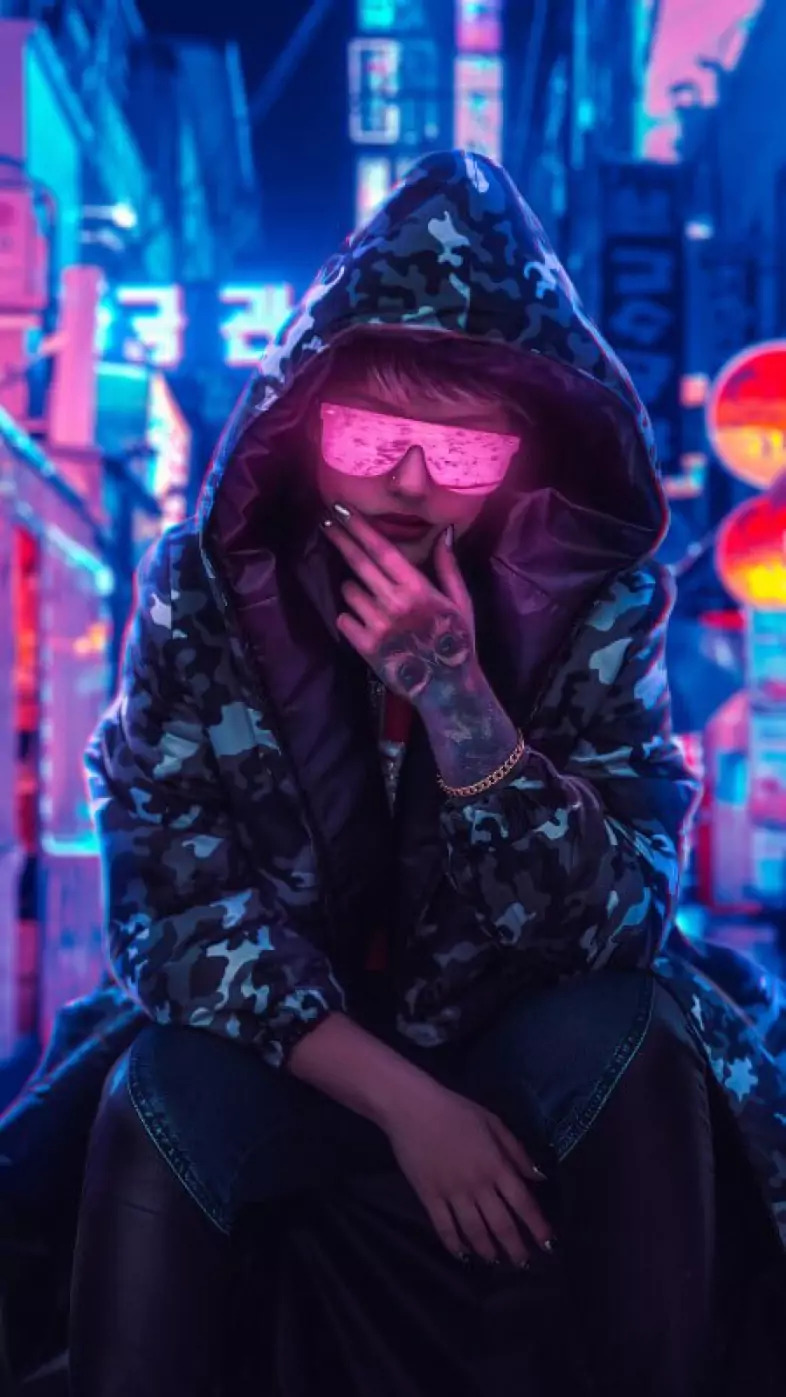 neon glasses girl wearing hoodie wallpaper