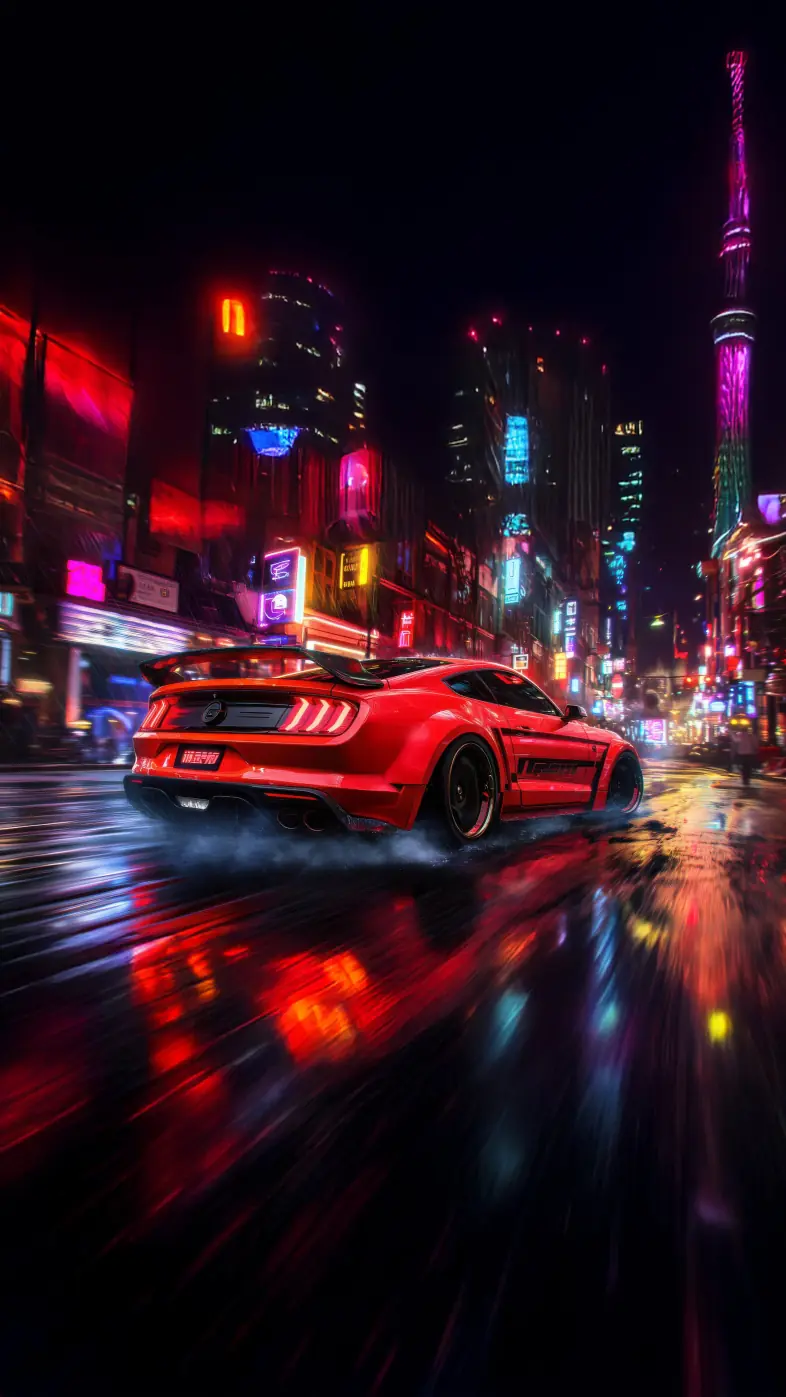 neon street red mustang car wallpaper