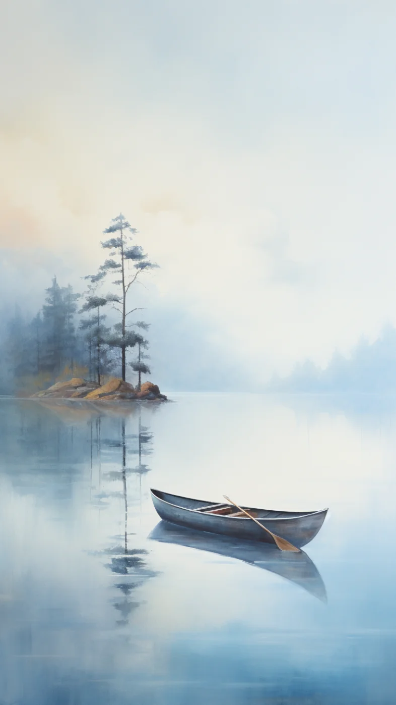 painting of a canoe on a misty lake wallpaper