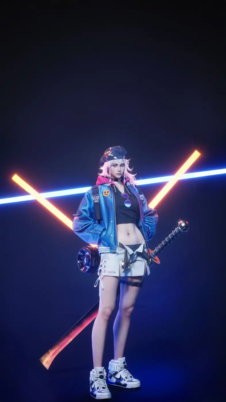 pose holographic cyberpunk girl wallpaper