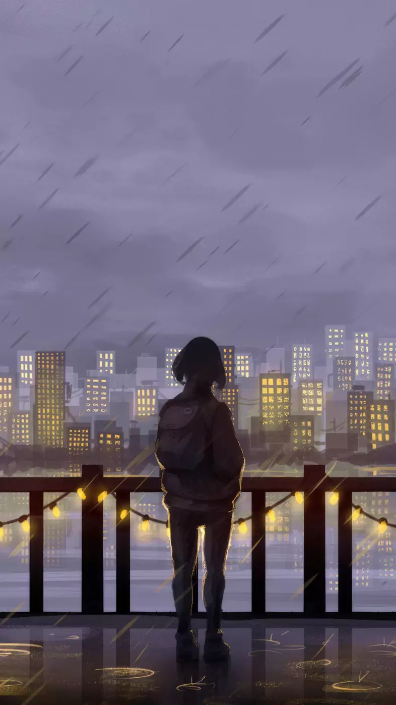 rainy city and thoughts anime girl wallpaper