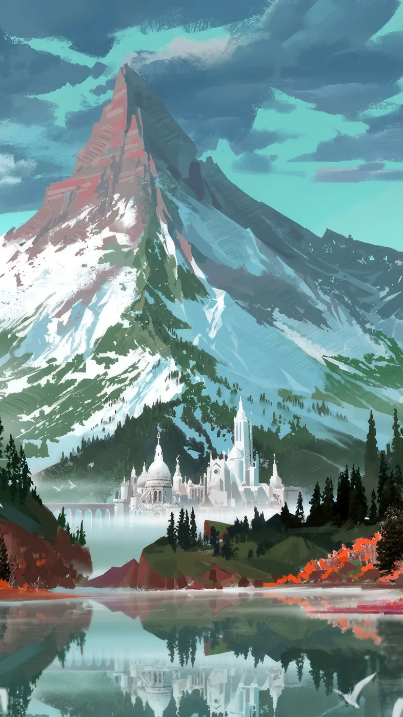 red forest mountain art wallpaper