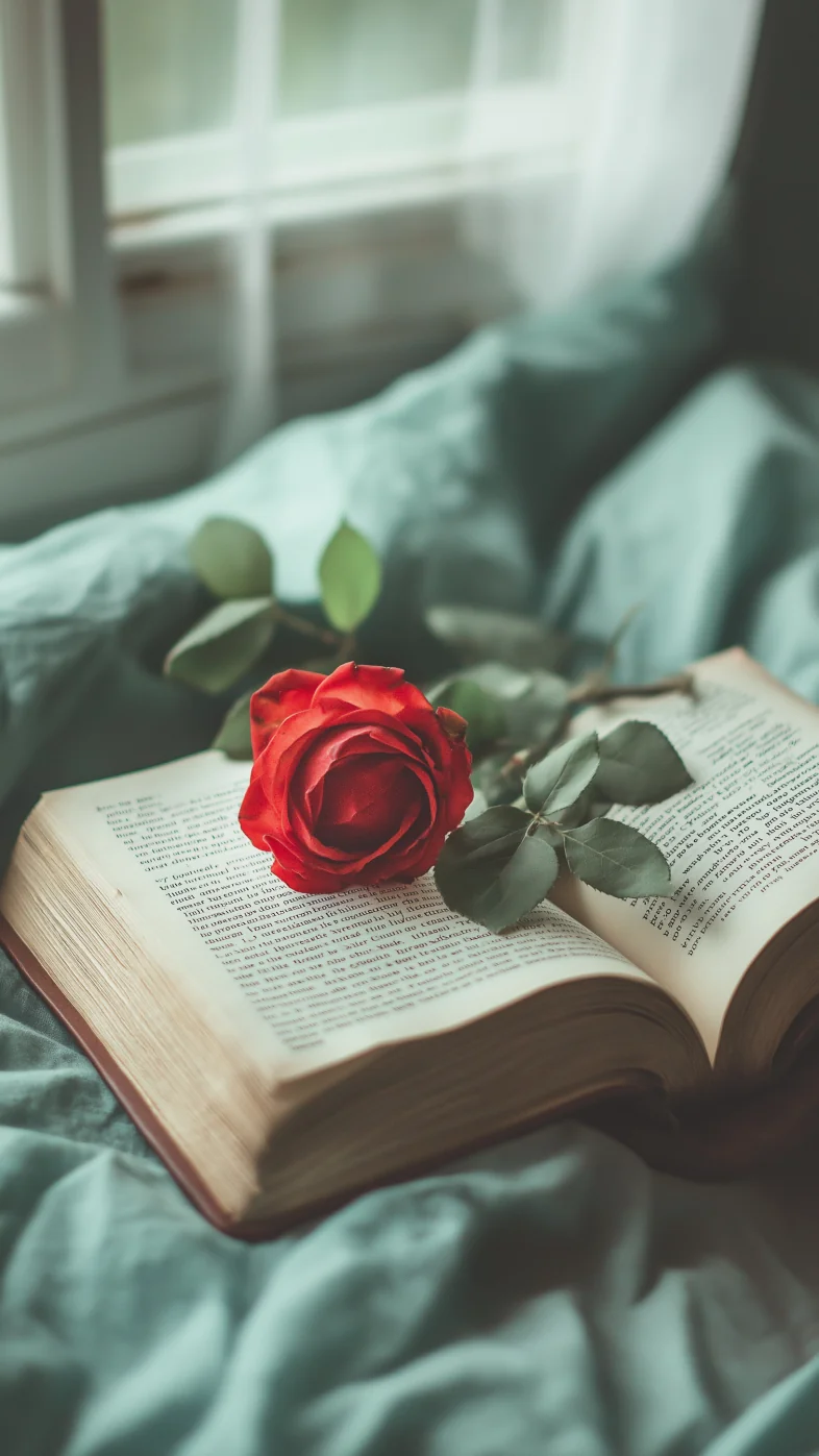 red rose resting on an open book wallpaper