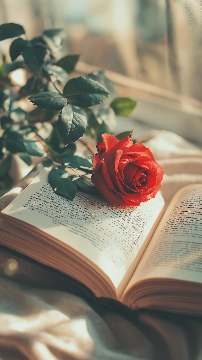 red rose resting on an open book wallpaper