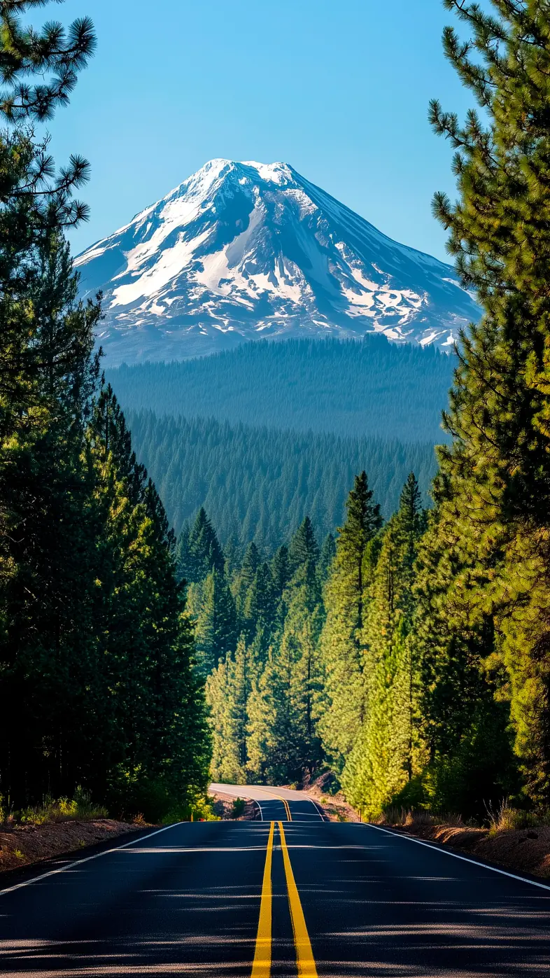 road mountain forest trees shadow wallpaper