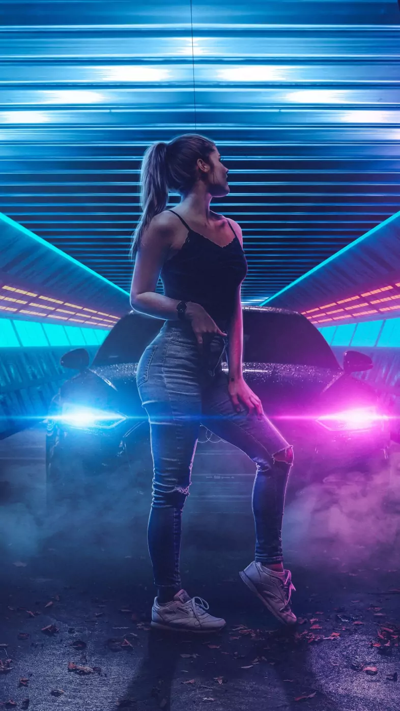 scifi girl jeans lights neon cars wallpaper