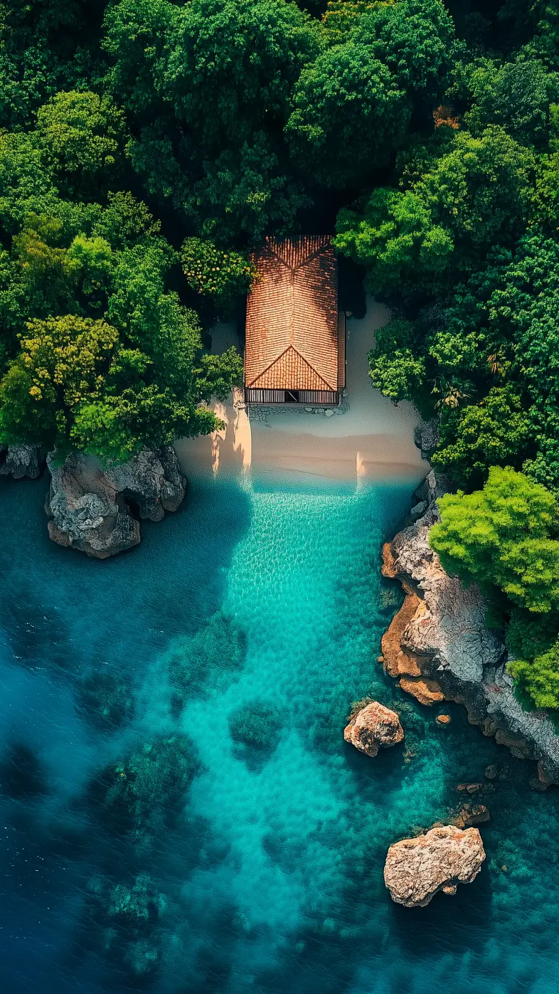sea beach house trees wallpaper