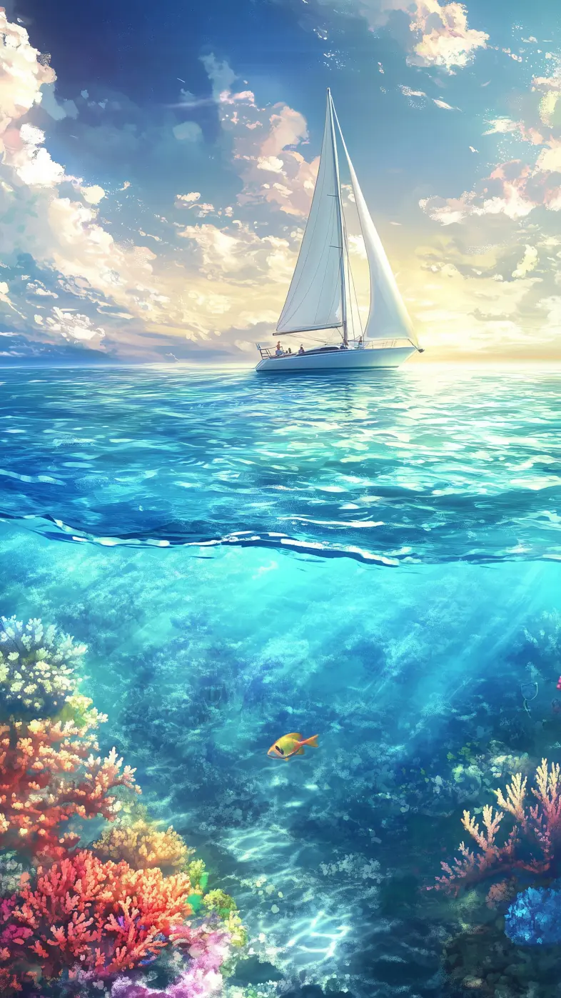sea yacht sail corals fish underwater  wallpaper