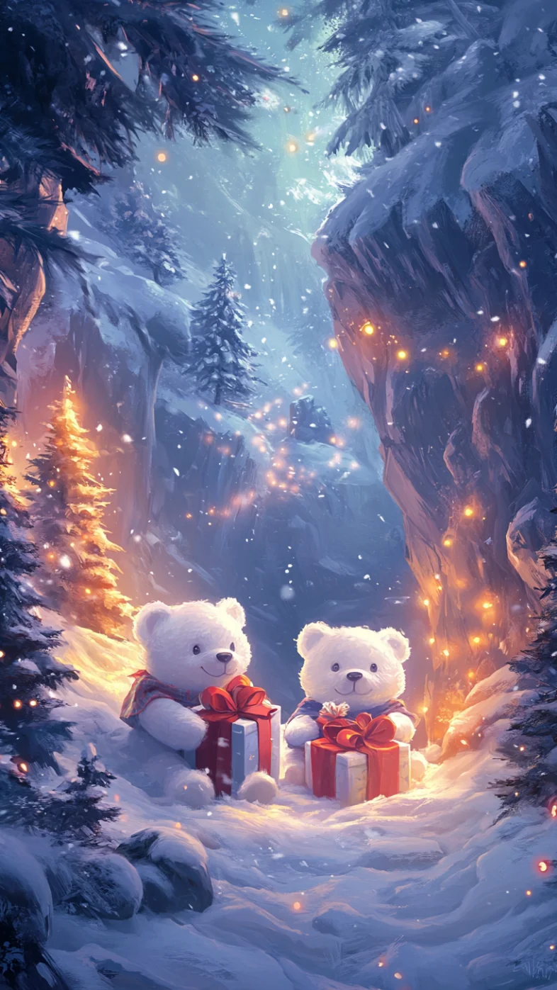 snowy cave with two white teddy wallpaper