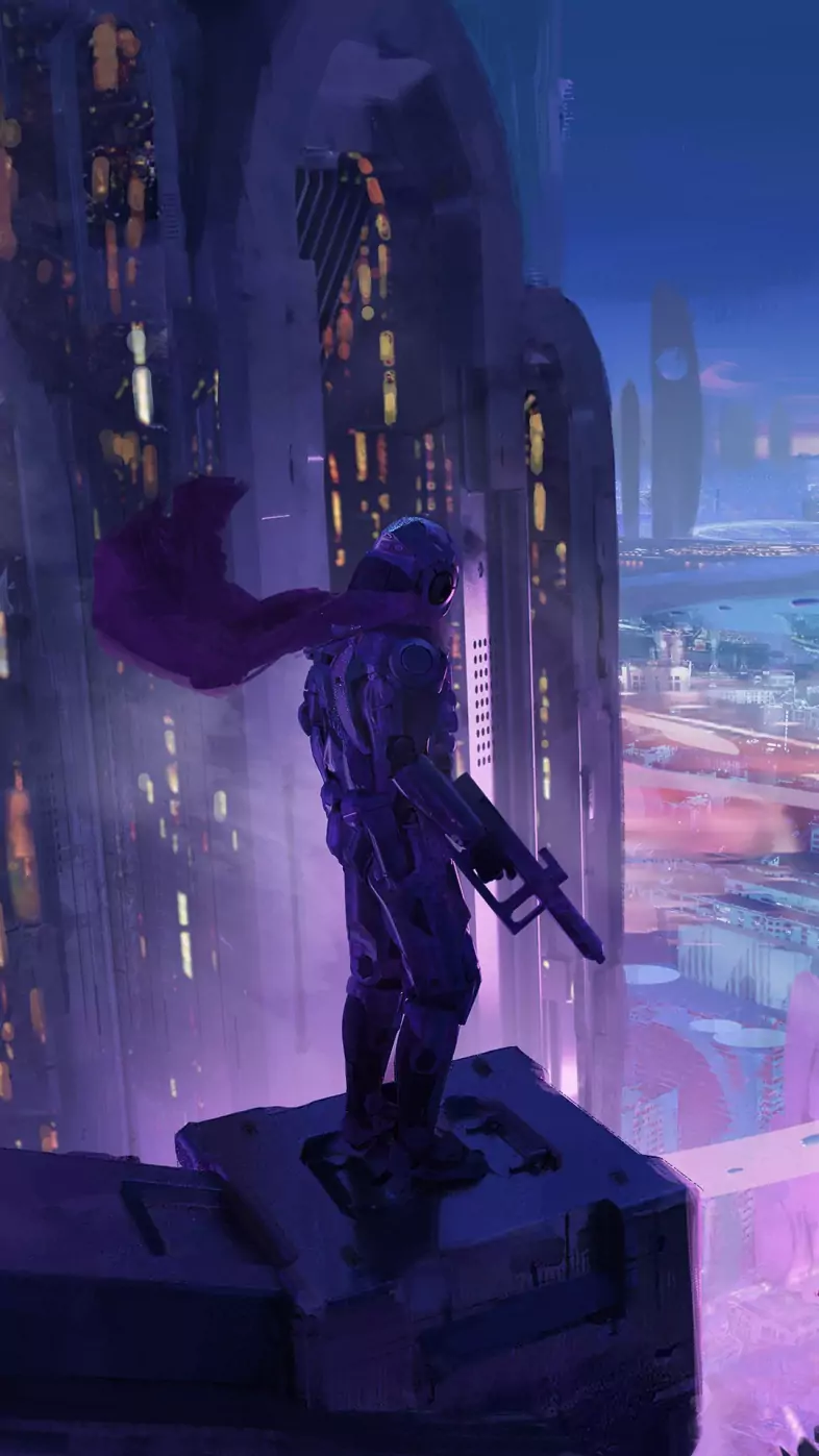soldier with cape gun scifi neon city wallpaper
