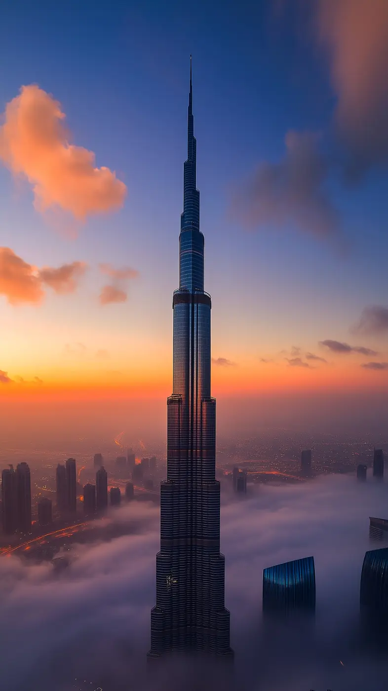 tower city fog clouds sunset wallpaper