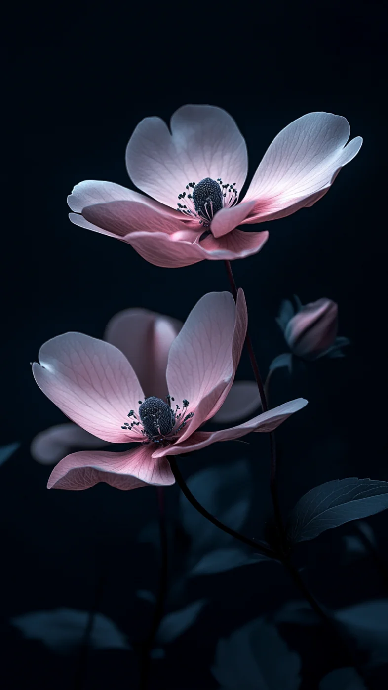 two flowers realistic natural in dark wallpaper