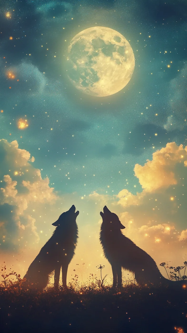 two wolf at the moon wallpaper