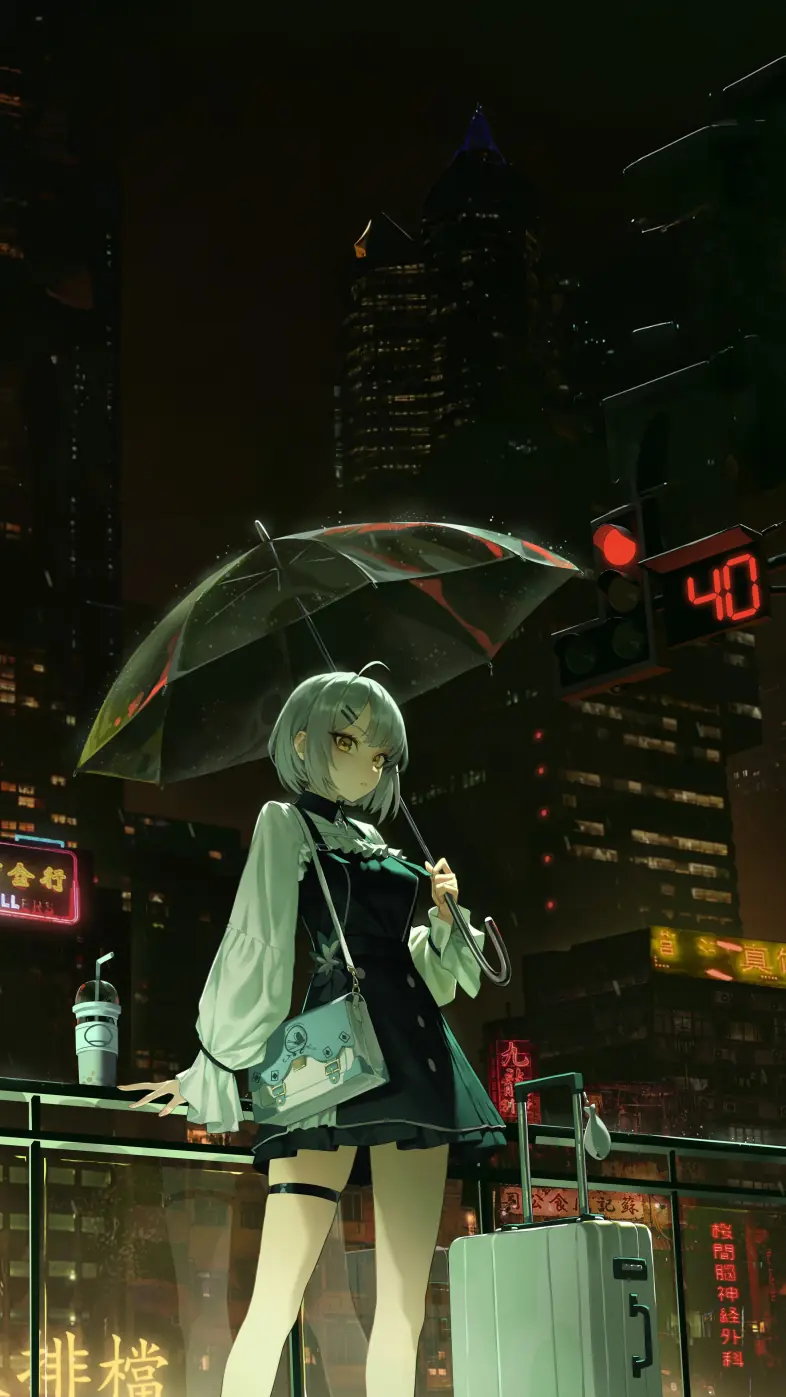 umbrella anime girl in cyber city wallpaper
