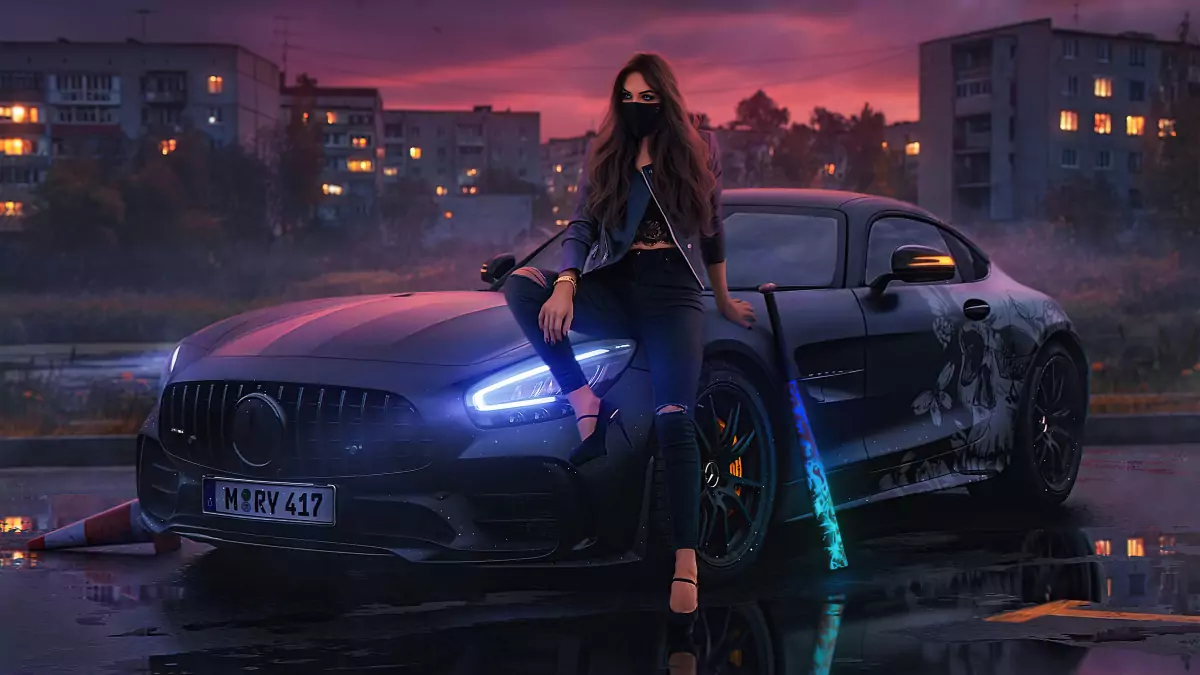 urban girl sitting on mercedes wallpaper