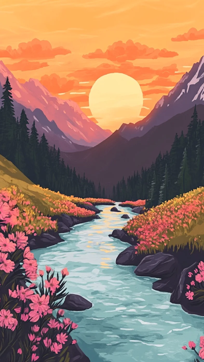 valley surrounded by mountains painting wallpaper