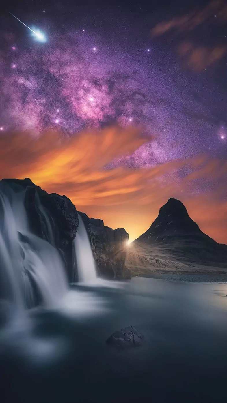waterfall glowing sky stars mountains wallpaper